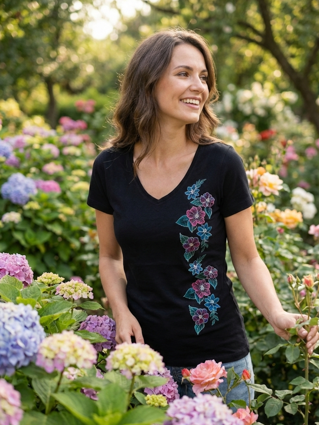 Vysivane cierne tricko kvety zena